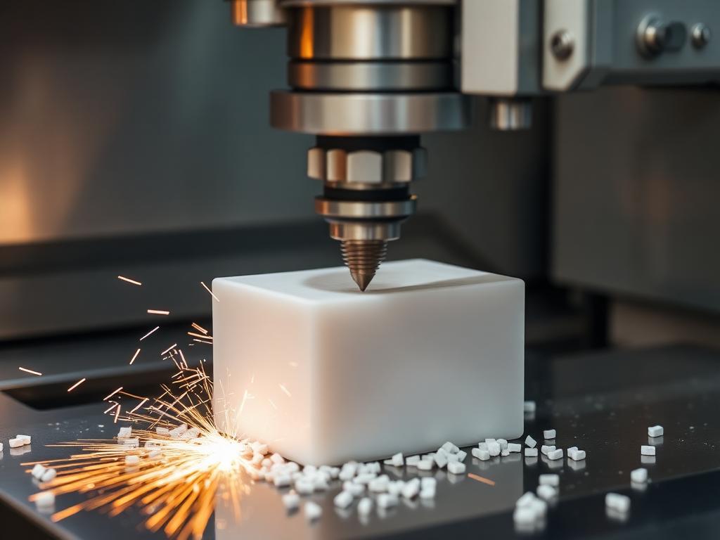 Operador realizando usinagem CNC de peça técnica em plástico de engenharia